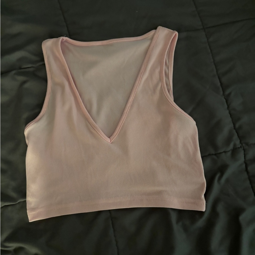 Ribbed V-Neck Crop Tank Top - Light Pink